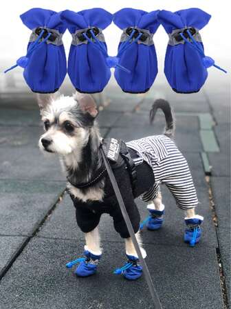 4 piezas Zapatos de nailon azul para mascotas, cálidos para el invierno, con forro de algodón, adecuados para gatos, perros pequeños y perros grandes; para actividades al aire libre, senderismo, etc., azul con cordón elástico, evita que las mascotas se resbalen, no se caen fácilmente
