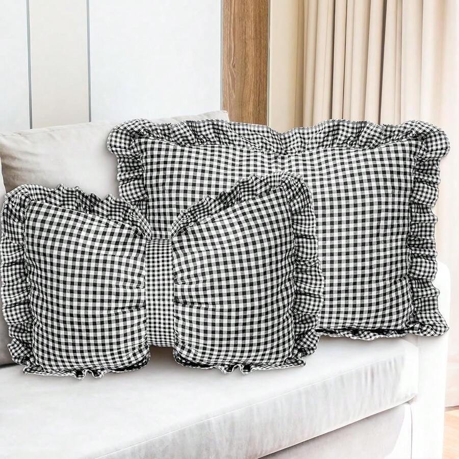 Euro Sham Pillow Covers - 2PCS European Plaid Ruffle Throw Pillow Sham For Sofa Couch, Black Bow Tie Gingham Buffalo Check Cushion Cover Decoration For Bed Bedroom Living Room (31.5\ X 24.2\),31.5inchx24.2inch(Packof2),Black - 黑色 - 查看 1