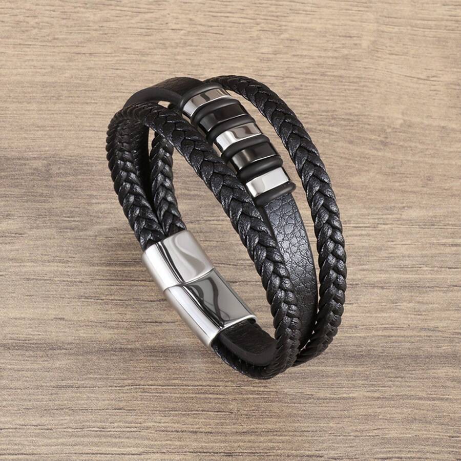 Leather Rope Bracelet Vintage Leather Woven Bracelet Genuine Leather Multi-Layer Jewelry - Bạc - Xem 1