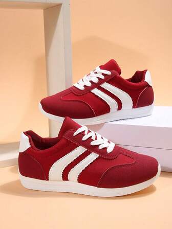 Plus Size Women's Fashion Sneakers, Red Color-Block Lace-Up Casual Flat Comfortable Sports Shoes