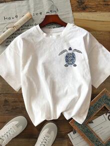 T-shirt décontracté à manches courtes, col rond, imprimé floral et tortue, grande taille - Blanc - Voir 2