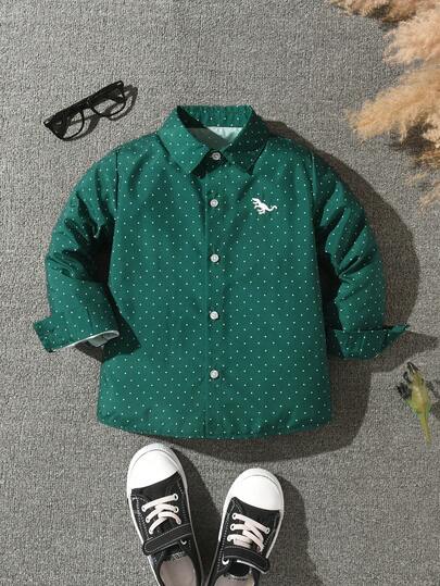 1pc Toddler Boys' Long Sleeve Shirt, Dinosaur Embroidery Pattern Collared Shirt, Versatile Casual, Suitable For Daily Wear, Travel, School, Party, Holiday New Arrival