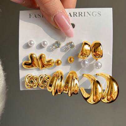 18件套优雅水钻仿珍珠心形、水滴形、几何耳环套装，时尚百搭，适合女性，可用于约会、派对、婚礼、生日、节日等场合。