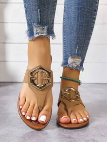 1 Pair Solid Color Elegant Fashion Slip-On Beach Flip Flops, Suitable For Indoor And Outdoor Wear, Summer - Brown - View 3