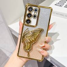防震、透明、时尚电镀闪粉蝴蝶支架手机壳，兼容三星 Galaxy S26/S22/23/24/25/S24 FE/S25 EDGE、A04/05/06/A07/A14/A15/A16/A17/A24/A25/A34、Note 9/10/11/12/13、9/10/12/13C 14C、荣耀 X、RENO C53 C55 C61 C63 C75，国际版，非国内版 - 金色 - 查看 6