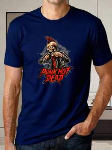 Camiseta masculina casual Camiseta de Manga Corta Negra con Estampado de Cráneo Punk y Texto Punk Not Dead para Uso Diario Salidas Urbanas y Estilo Rockero Diseño clásico de cuello redondo, ligero, cómodo y sin sudor, Navidad divertida, regalos de vacaciones - Azul Marino - Ver 6