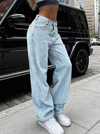 Denim Reto Vintage Solto e Empilhado para Mulheres