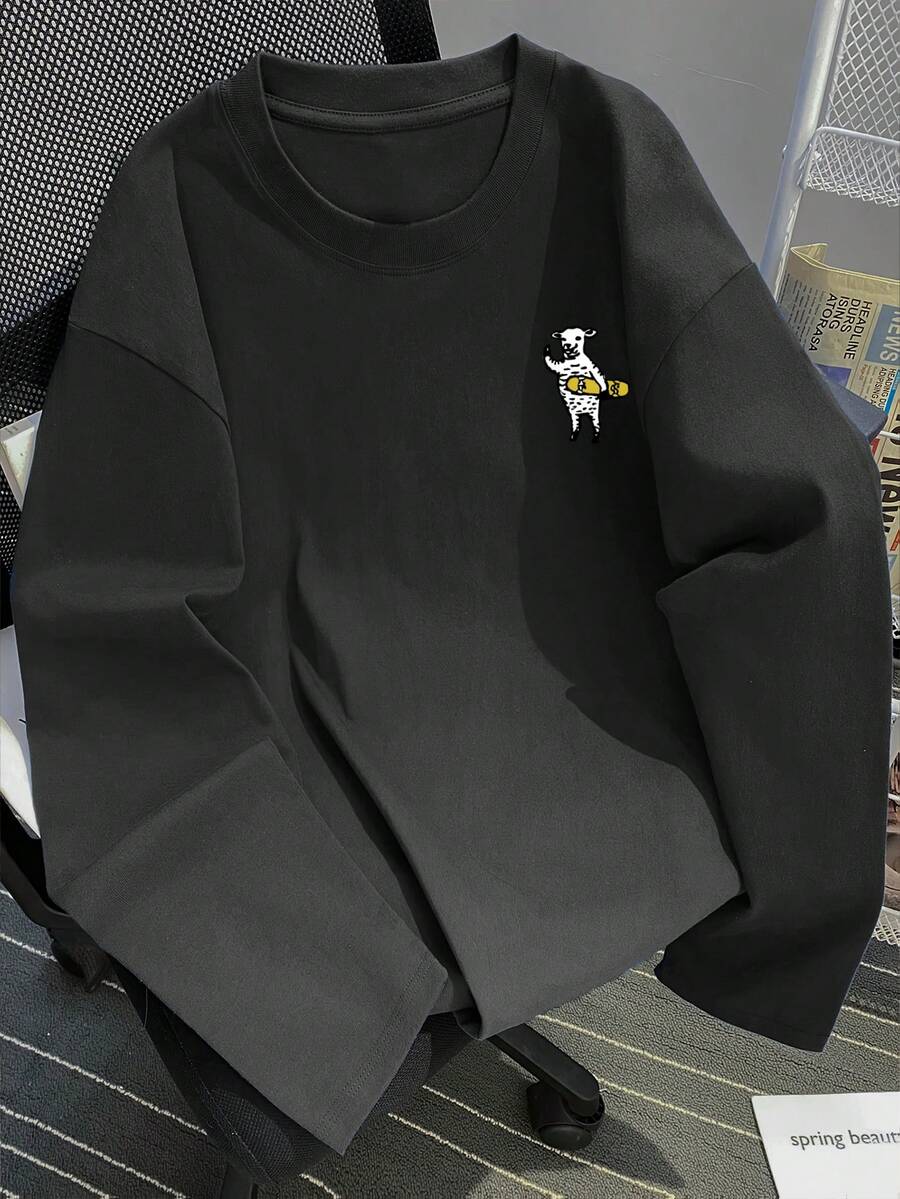 Women's Loose Fit Cartoon Print Long Sleeve T-Shirt, Versatile For Spring And Autumn Casual - Dark Grey - View 1