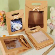 1/6/12个装优雅牛皮纸礼品袋，带窗口和自立设计 - 米色和白色，耐用纸袋，带提手和蝴蝶结，适用于婚礼、派对、珠宝展示等场合 - 彩色 - 查看 3