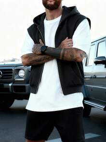Áo hoodie có khóa kéo thường ngày có túi, áo nỉ chui đầu không tay, vải dệt kim polyester, áo chui đầu có khóa kéo dành cho nam - màu đen - Xem 4