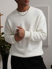 男士基础款休闲圆领长袖毛衣，保暖内搭或外套针织衫 - 白色 - 查看 1
