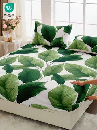 1 pieza Sábana ajustable con estampado de hojas, sin arrugas, transpirable y cómoda, apta para todo tipo de camas, esencial para el hogar y la residencia, decoración de dormitorio, tan suave como las nubes, gran regalo para mujeres, lavable a máquina, certificado OEKO-TEX