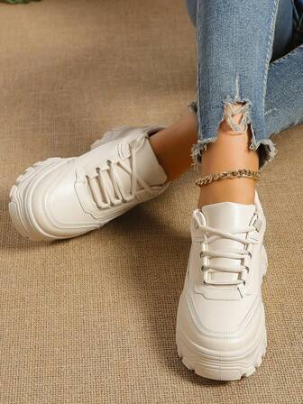 White Platform Sneakers For Women, Lightweight Non-Slip Casual Sports Shoes, Comfortable Soft Sole Low-Top Lace-Up Versatile Chunky Sneakers For Street Style, Outdoor Travel, Daily Wear