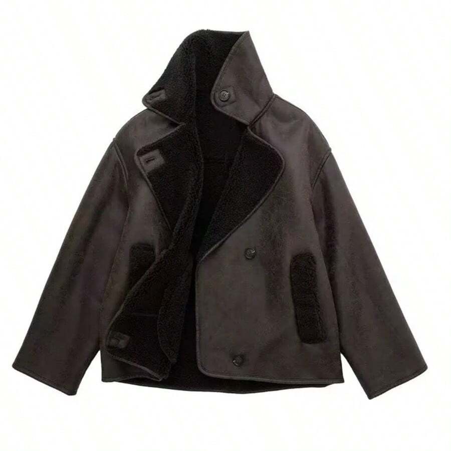 Giacca in pelliccia sintetica reversibile con collo in finta pelliccia, adatta per donna in autunno/inverno, marchio DEEKA - Castano - Visualizzare 1