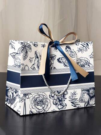 1pc Floral Party Gift Bags With Ribbons, Multifunctional Paper Tote Bags, Suitable For Weddings, Valentine's Day, Birthdays Etc, Perfect For Holidays And Shopping, Home, Home Living, Event Party Supplies, Gift Wrapping Supplies, Gift Wrap Bags