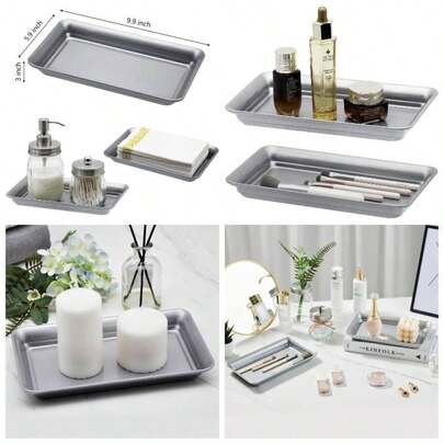 Vintage Metal Farmhouse Vanity Tray 2 Pack, Guest Countertop Hand Towel Organizer, Sturdy Holder For Perfume, Cosmetics, Jewelry, Makeup