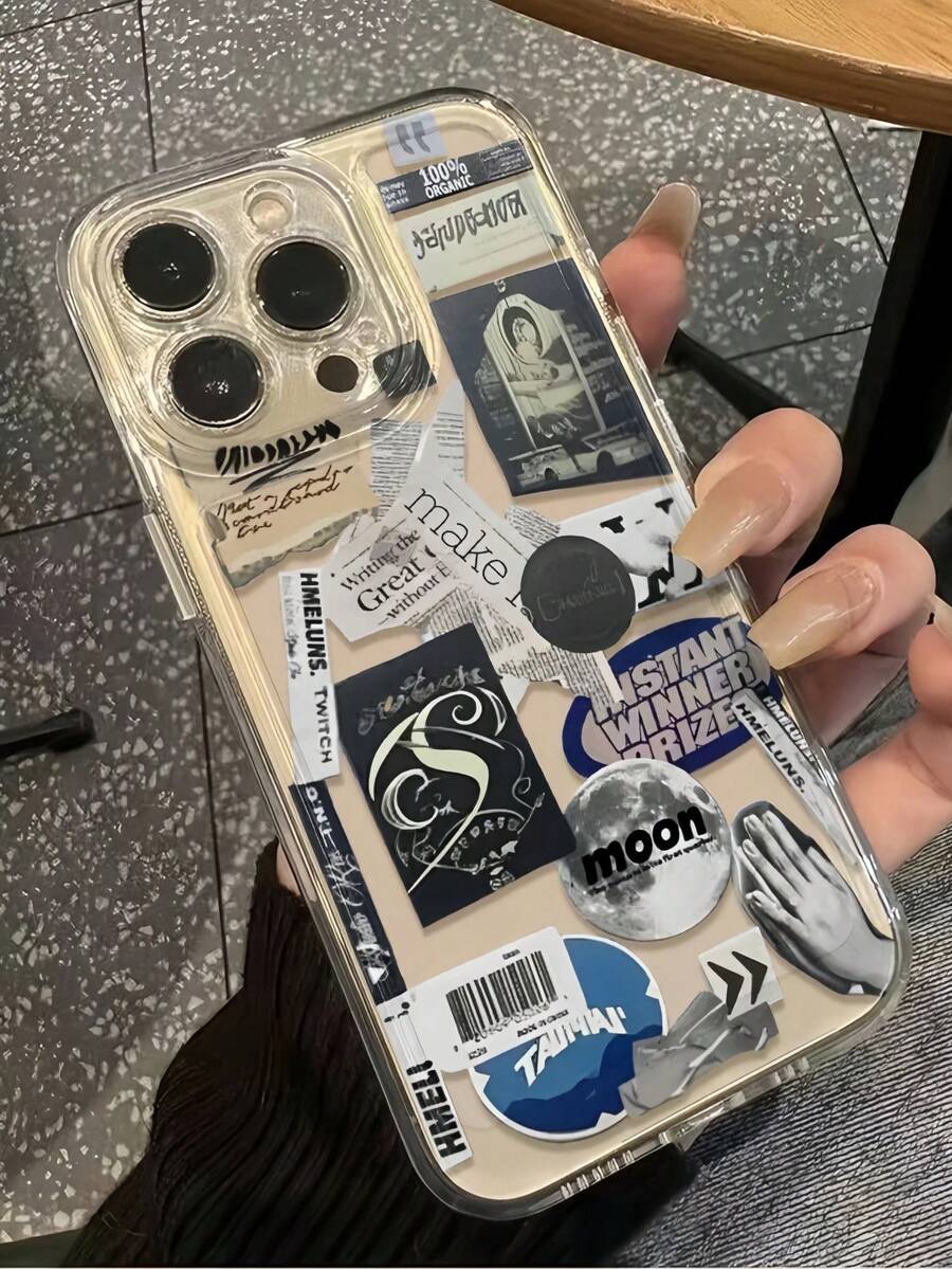 1pc Fashion Hand Planet English Patchwork Transparent Space Full Coverage Shockproof TPU Phone Case Compatible With Iphone11 12 13 14 15 16 17 Pro Max, A55/54/53/52/51, S25/24/23/22/21 Series - Multicolor - View 1