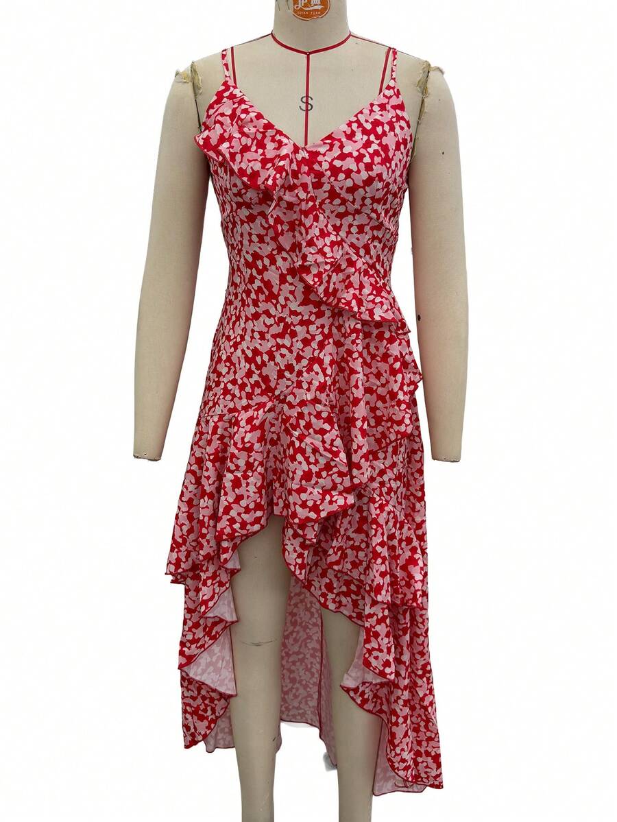 Summer Women's Red Small Floral Pattern Printed Back Zipper Design V-Neck Asymmetric Ruffle Hem Midi Spaghetti Strap Dresses - Multicolor - View 1