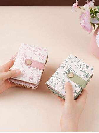 1个清新日式可爱小猫咪女士钱包，短款拉链钱包，纹理学生卡包