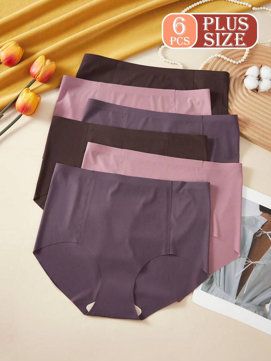 6pcs Plus Size Seamless Ribbed Breathable High Elasticity Comfortable Hipster Panties, Suitable For Everyday Wear And Sports - Multicolor - View 1