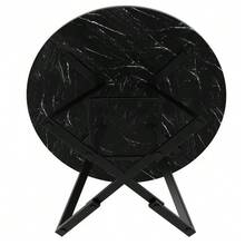 Round Dining Table (1 Piece), Kitchen Table, Breakfast Table, Metal Legs, Marble Look, Black And White - Black - View 6