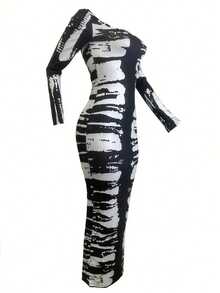 Spring And Summer Elegant Long-Sleeved Ankle-Length Tie-Dye Contrasting-Color Print Tight-Fitting Dress, Sexy Tight-Fitting Figure-Hugging Long Dress For Women - màu đen - Xem 6