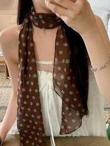1pc Women's Elegant Minimalist Classic Polka Dot Print Chiffon Scarf, Casual Breathable Thin Headscarf/Shawl, Black Dot Silk Scarf For Neck Wrap, High-End Long Scarf - Coffee Brown - View 10