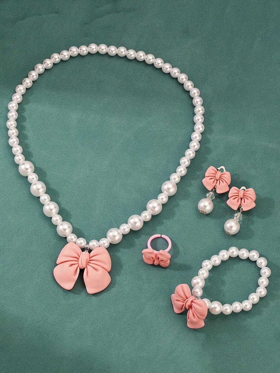 5 pièces/set Collier, bracelet, boucles d'oreilles de princesse rose, ensemble de bijoux, bracelet de perles mignon pour filles - Multicolore - Voir 1