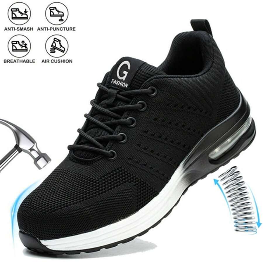 Steel Toe Black White Safety Shoes For Men Women ,Comfortable Breathable Work White Black Shoes Men ,Lightweight Steel Toe Shoes Women ,Construction Working Boots,Non Slip Work Shoes.Puncture Proof Tread Sneakers.Puncture-Proof & Smash-Resistant Breathable And Comfortable Work Shoes Fashionable All-Season Shoes For Warehouse, Outdoor, Restaurant, Delivery & Training Use Breathable, Soft, (Women Please Order 1.5 Size Smaller) - 白色 - 查看 1