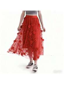 Midi Tulle Skirt With Elegant 3D Flowers - Various Colors - Sizes S To XL - Đỏ 1 - Xem 4