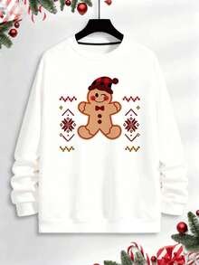 Weihnachts-Lebkuchen-Sweatshirt, 100 % Baumwolle, lockere Passform, Streetwear-Stil, bequem, Kunstdruck, Neuheit - Weiss - Übersicht 2
