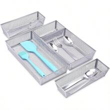 WSXC Mesh Silverware Tray Drawer Organizer Kitchen Utensils Flatware With Anti-Slip Mats Silverware Storage Cutlery Tray For Knives Fork Spoon 5 Separate Compartments Silver - 銀色5隔層 - 查看 1