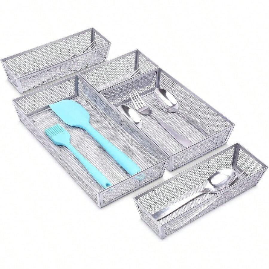 WSXC Mesh Silverware Tray Drawer Organizer Kitchen Utensils Flatware With Anti-Slip Mats Silverware Storage Cutlery Tray For Knives Fork Spoon 5 Separate Compartments Silver - 銀色5隔層 - 查看 1