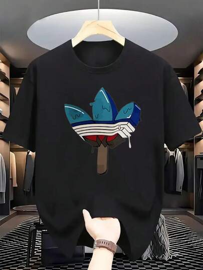 Diseño de Pala de Bote Hoja Azul Camiseta de manga corta de algodón puro, diseño de escote, patrón impreso en letras, camiseta de manga corta de verano, la máquina se puede lavar con agua.