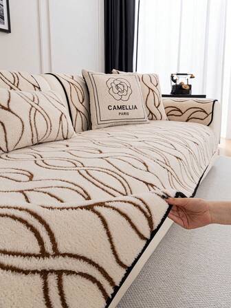 1pc Thickened Plush Winter Anti-Slip Sofa Cover, Geometric Pattern Sofa Cushion Cover, Pet-Friendly Anti-Scratch Sofa Protector, Machine Washable Home Decor Suitable For L-Shaped Combination Sofa And 1/2/3/4 Seater Sofa (Sold Separately)