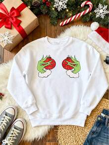 Sudadera para Mujer con Estampado de Manos Verdes y Globos Rojos de San Valentín, Sudadera de Cuello Redondo, Ideal para Fiestas de San Valentín, Regalo para Ella, Estilo Retro, Confortable y Suave, Adecuada para Uso Cotidiano y Eventos Festivos - Blanco - Ver 3