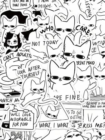 50pcs Funny Cat Meme Stickers - Black & White Doodle Art, Quirky Quotes, Perfect For DIY Scrapbooking, Laptops, Water Bottles & Suitcases