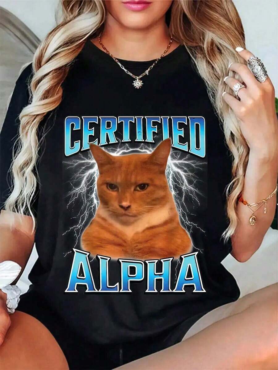 100% Cotton Certified Alpha Funny Staring Cat Meme Sarcastic Silly Cat T-Shirt For Men Women T-Shirt Women's Men's Summer Comfort Soft Crew Neck Tee Tops - A-4 - 查看 1