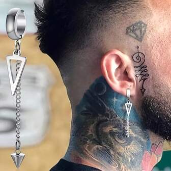 1 pieza Pendiente de acero de titanio unisex de cadena larga con diseño triangular irregular único - Diseño de aro de concha genial y de estilo callejero, sin perforación, aguja de acero, hipoalergénico, duradero y accesorio elegante para hombres y mujeres