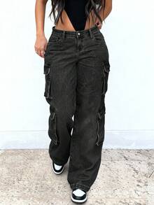 Women's Y2K Streetwear Multi-Pocket Straight Leg Cargo Jeans With Flap Pockets - Black - View 5