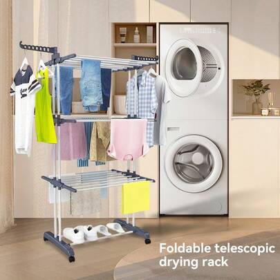 4-Tier Foldable Double Rod Clothes Drying Rack  Free-Standing Laundry Rack For Indoor Outdoor, Multi-Functional For Clothes & Shoes