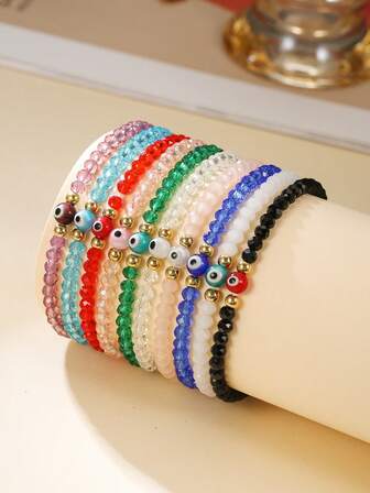 Set de 10 piezas de pulsera hecha a mano con cuentas de cristal artificial de resina de estilo bohemio vintage con elemento de ojo de diablo CCB, adecuado para uso diario de mujeres