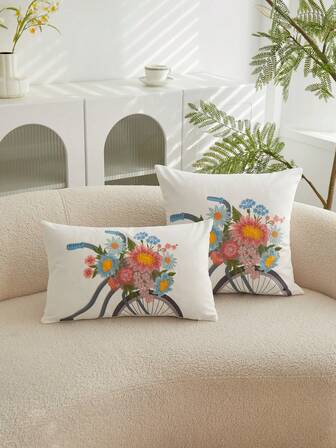 1 件花卉自行车刺绣抱枕套，适用于客厅、卧室、派对、沙发、汽车等各种环境，四季皆宜