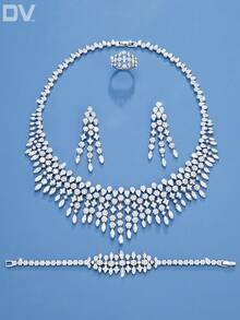 DV JEWELRY 5件套铂金镀层立方氧化锆奢华项链、手链、耳环、开口戒指首饰套装，优雅珠宝礼品，适合女士、派对、周年纪念等场合，附赠礼盒 - 銀色 - 查看 3