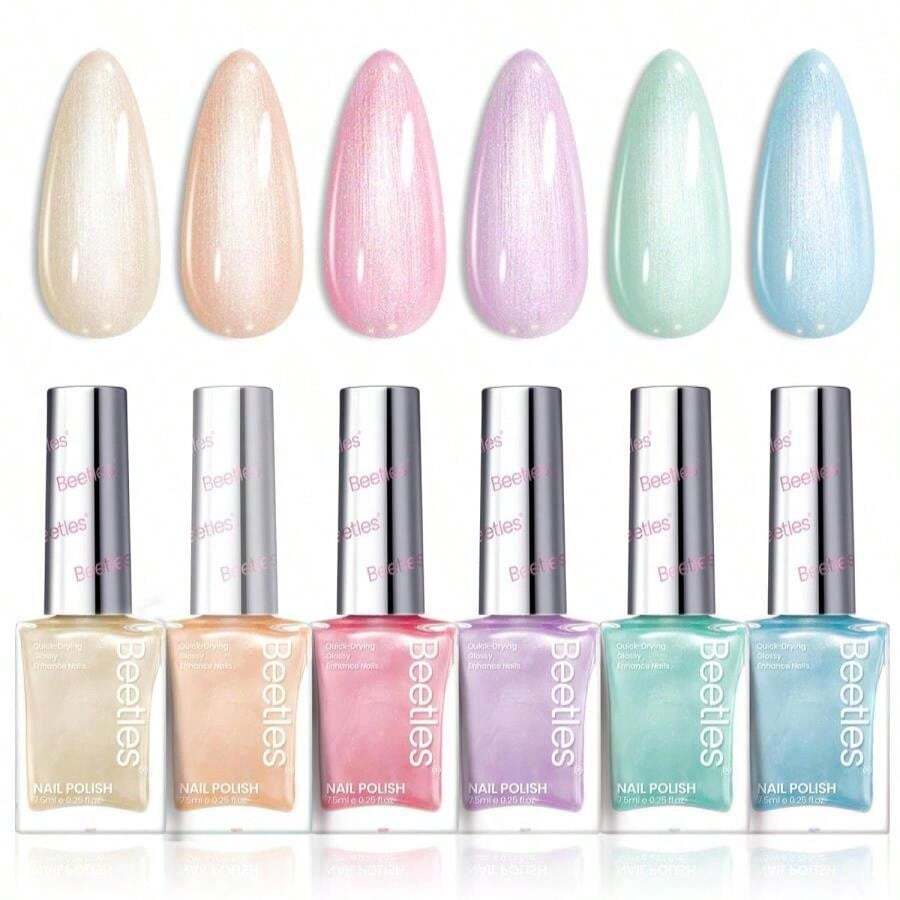 Beetles Nail Polish Set, 6 Colors Pearl Nail Polish Kit Pastel Pearl Shimmer Pink Orange Blue Green Dreamy Swirl Quick Dry Fingernail Polish Gifts For Women Salon DIY Manicure Kit - 青碧色 - 查看 1