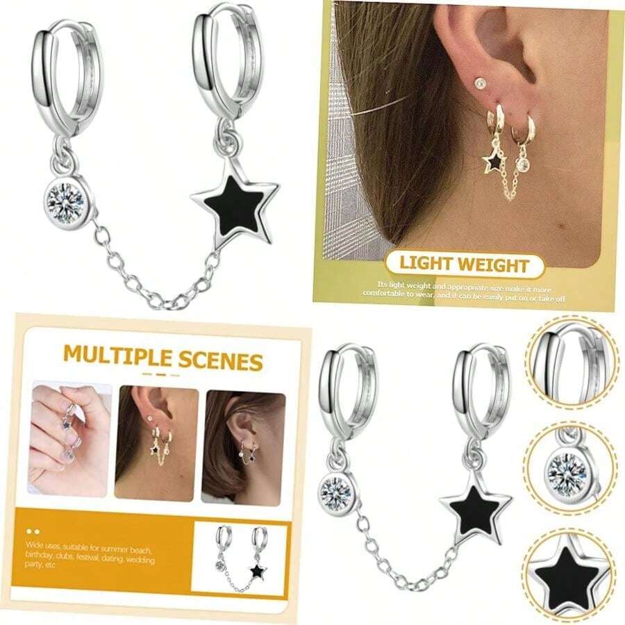 Pendientes De Cadena Para Mujer Con Estrella Aretes De Doble Perforación Ligeros Y Cómodos Accesorios Elegantes Para Festivales Fiestas Y Uso Diario(default) - Multicolor - Ver 1