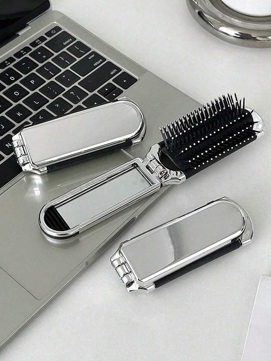 1pc Foldable Silver-Tone Metallic Comb With Built-In Mirror, Compact & Portable - Silver - View 1