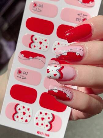2 Sheets Valentine's Day Nail Wraps Full Stickers Nail Polish Strips, DIY Self-Adhesive Fashion Heart Nail Art Decals Party Women Decor