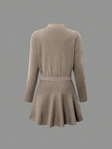 PoPoHouse Women's Sweater Dress, Elegant Waist Cinched Skirt For Commuting, Autumn/Winter - Khaki - View 10