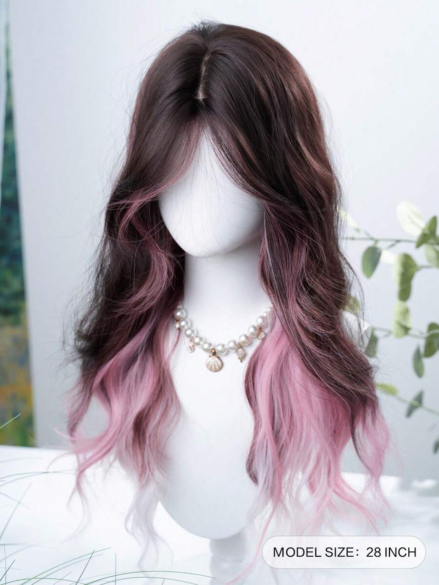 alicegarden 1 Synthetic Heat-Resistant Wig, Pink Long Rolled Wig With Bangs, Made Of Fiber, Suitable For Daily Use, Natural Simulation Wig - Pink - View 1